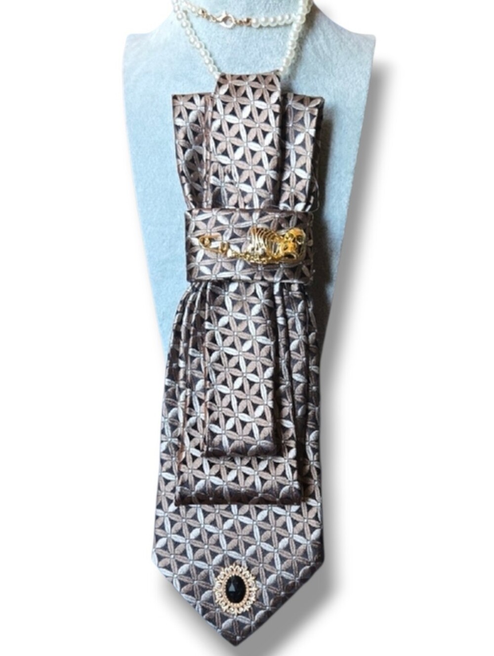 Geometric Patterned Tan and Black Cravat with Gold Skeleton Accent